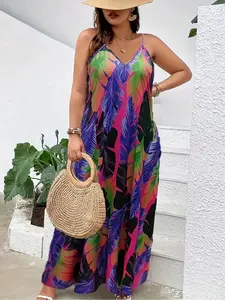 Women's Plus Size Bohemian Floral Leaf Print Dress, Casual Loose Strap Design, Perfect for Summer and Daily Wear