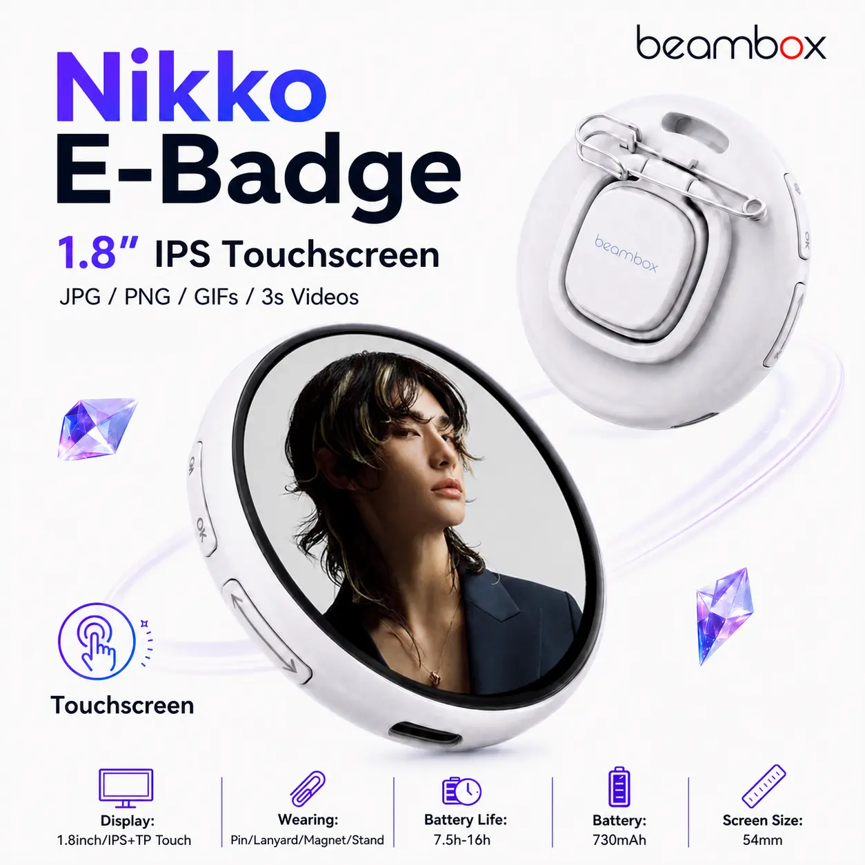Beambox Nikko Digital Badge - Wearable 1.85" E-Badge for Anime & K-Pop Fans, Bluetooth Smart Badge for Sharing Photos & Videos, Dynamic Electronic Badge for Concerts & Daily Outfits