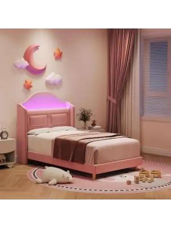 Garvee IDEAHOUSE TWIN Soft Padded Upholstered Toddler Bed with LED Lights and Storage, Featuring Durable Iron-Plywood-Sponge Frame for Comfort and Style