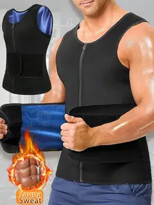 1 Count Men's Sauna Workout Vest, Sports Fitness Vest, Sleeveless Activewear, Round Neck Adjustable Waist Cincher Design Shaper Top, Zipper Closure Sweat Enhancement Shaping Tank, Breathable Polyester Blend Body Shaper, Ideal for Gym & Sports