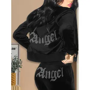 Women'S "Angel" Rhinestone Letter Decor Pants Set, Casual Zip Up Hoodie & Elastic Waist Pants Set For Spring & Fall, Women'S Clothes