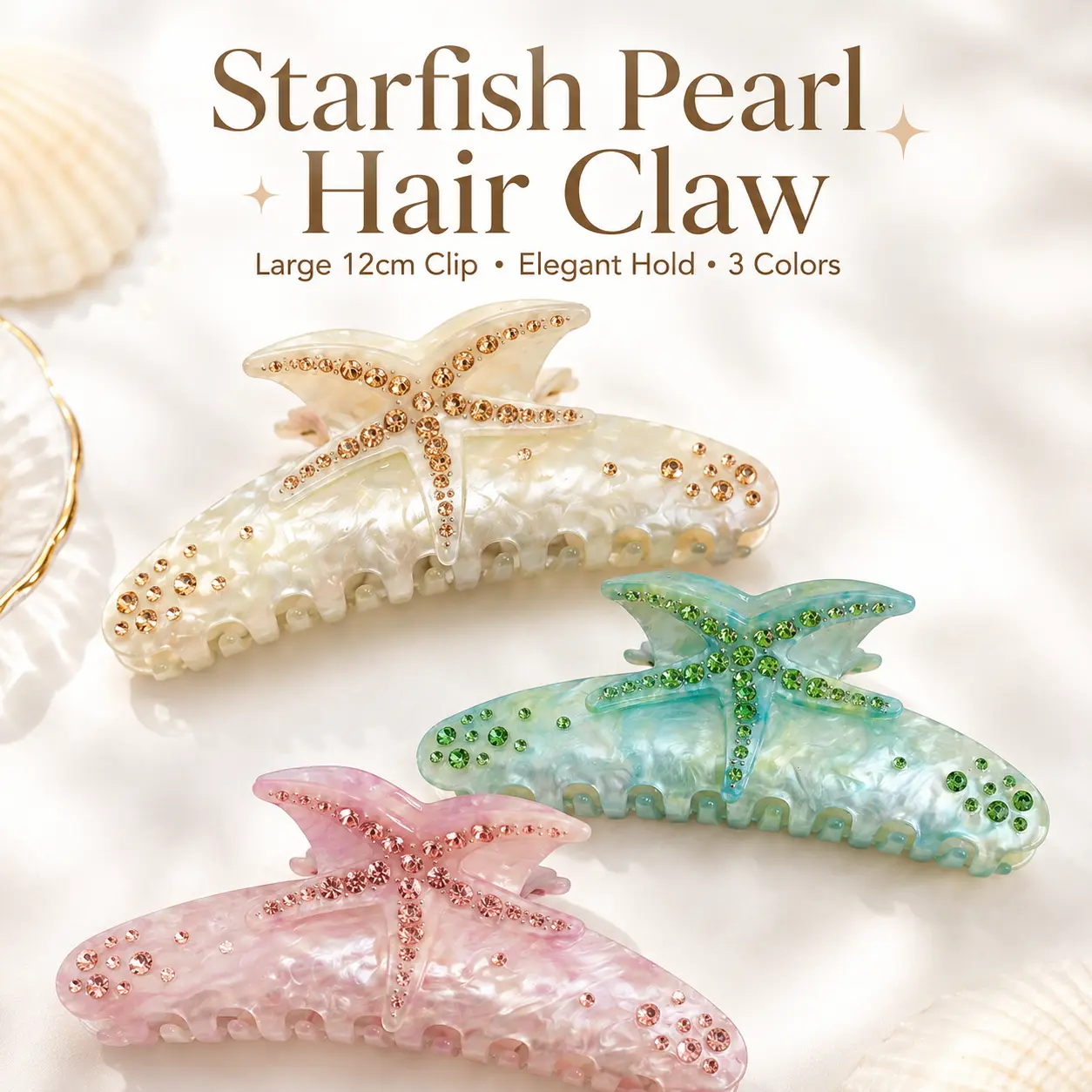 Women's Starfish Hair Claw, Ocean-Inspired Charm with Pearl and Rhinestone, Large 12cm Clip with Strong Hold for Daily Casual Looks, Glamorous, Cute, Elegant, Accessories For Women, Claw Clip Hairstyles, Whimsical, Feminine, Casual Wear, Claw Form