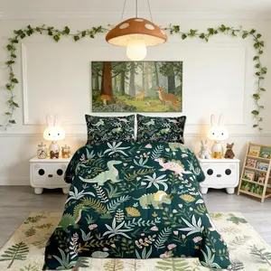 Cute Dinosaur Comforter Set,Kids Cartoon Dino Kawaii Animal Bedding Set,Kids Boys Men,Green Pink Leaves Plant Botanical Quilted Duvet Set