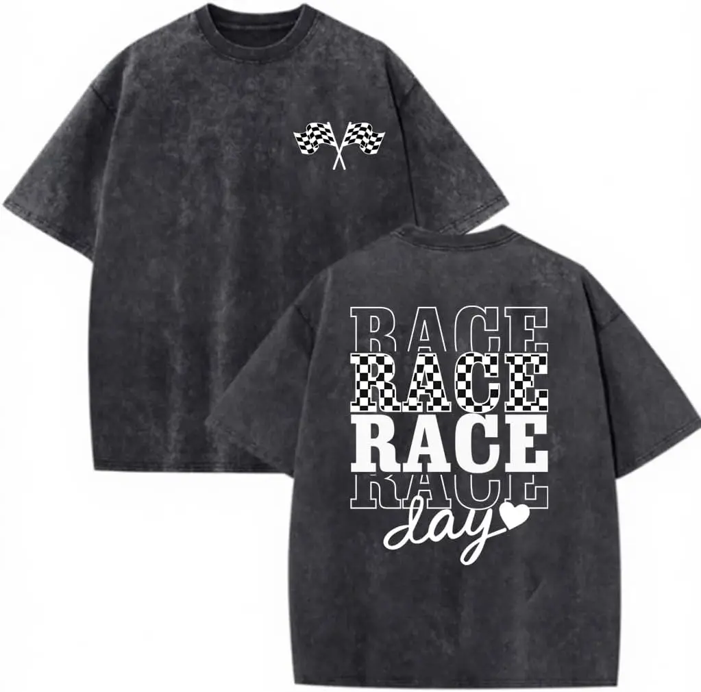 Men's Classic Short-Sleeve 100% Cotton Acid Washed Graphic T-Shirt - Soft, Breathable, Loose-Fit Fabric, Racing Flag Race-Day Typography, Heart Prints, Distressed Casual Top