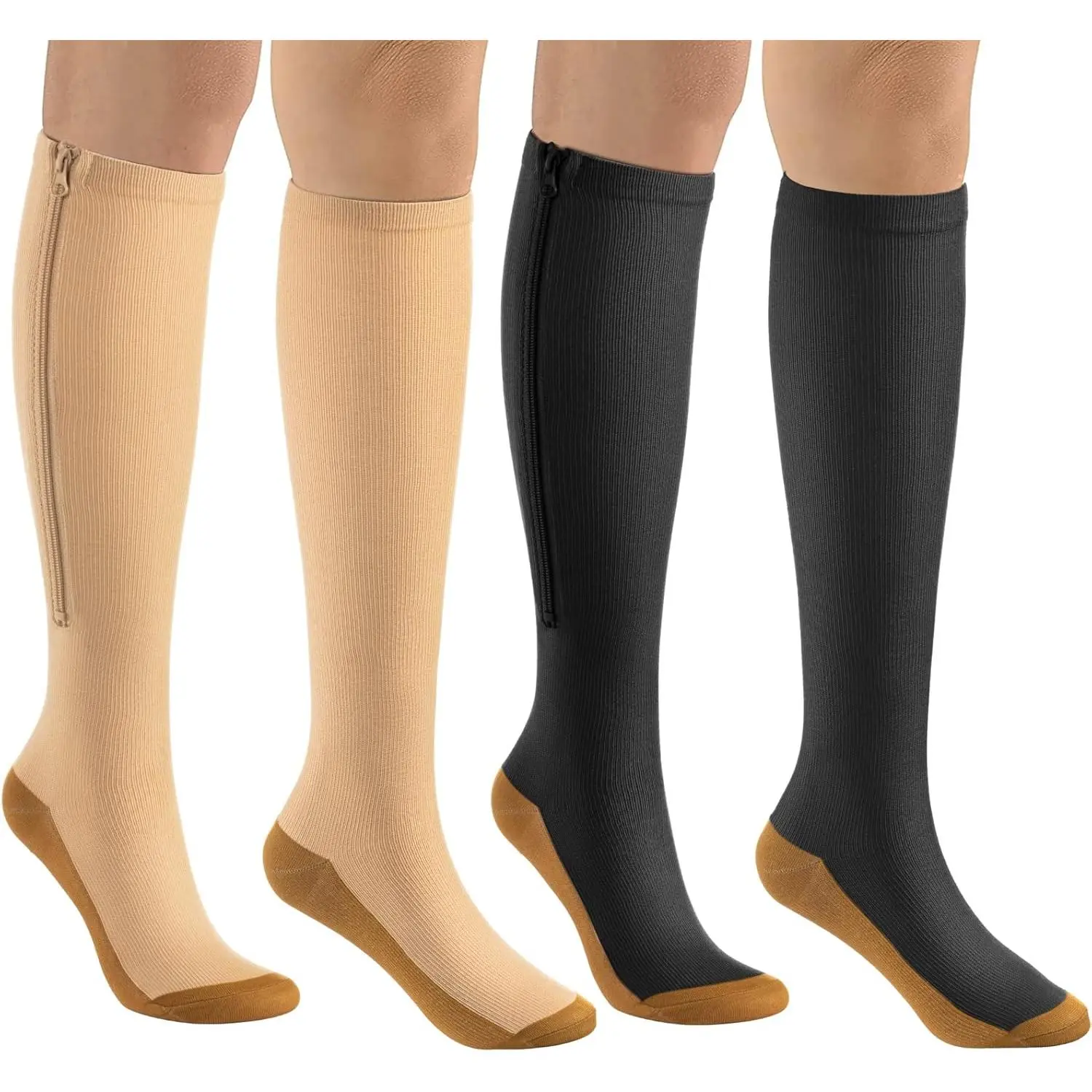 Unisex 15-20mmHg Closed Toe Zipper Compression Stockings - 2 Pairs Nylon Blend Imported Knee High Socks for Biking, Female, Male, Breastfeeding, 15-20 Mmhg Compression