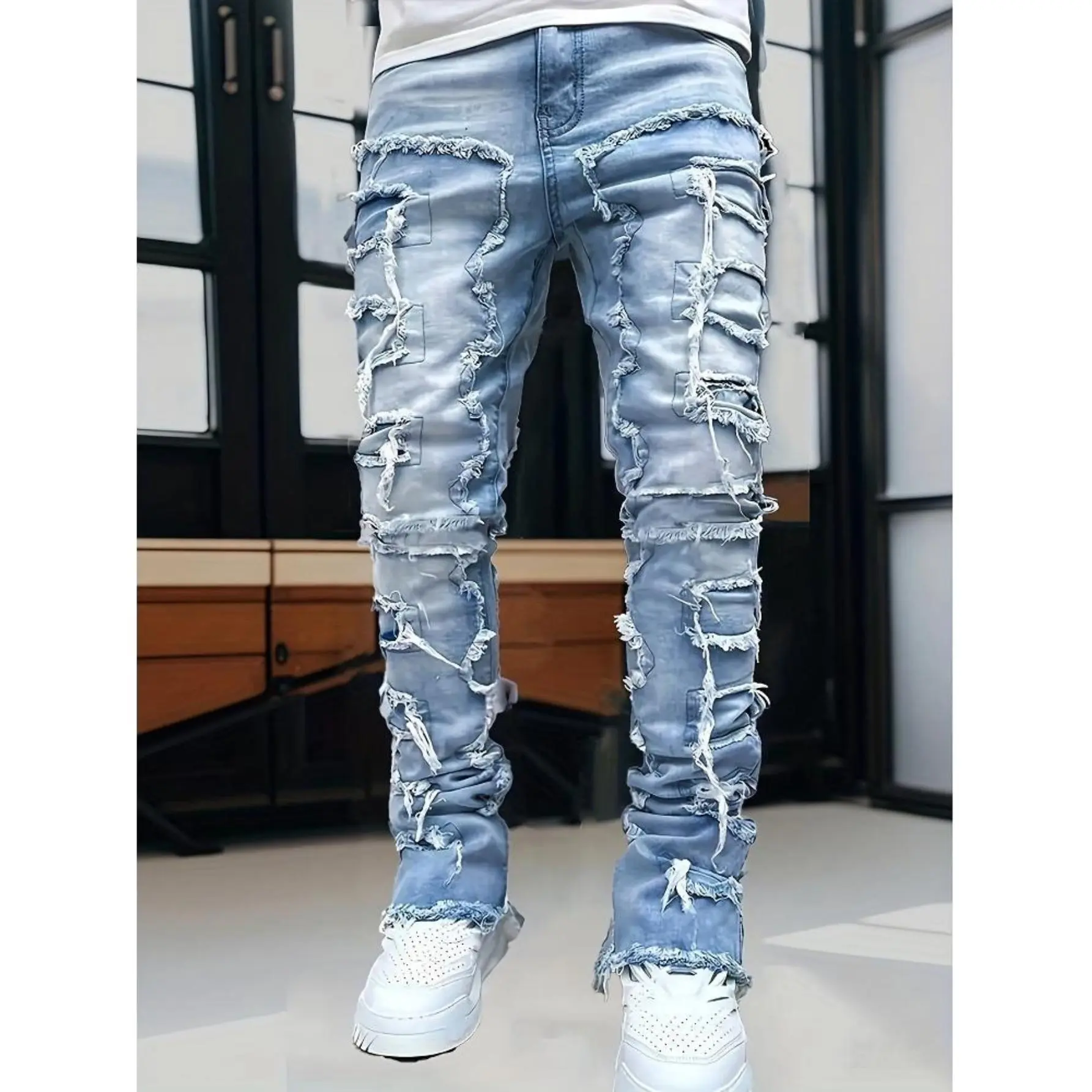 Men's stacked slim fit elastic jeans with retro street style splicing slim fit jeans versatile men's straight jeans