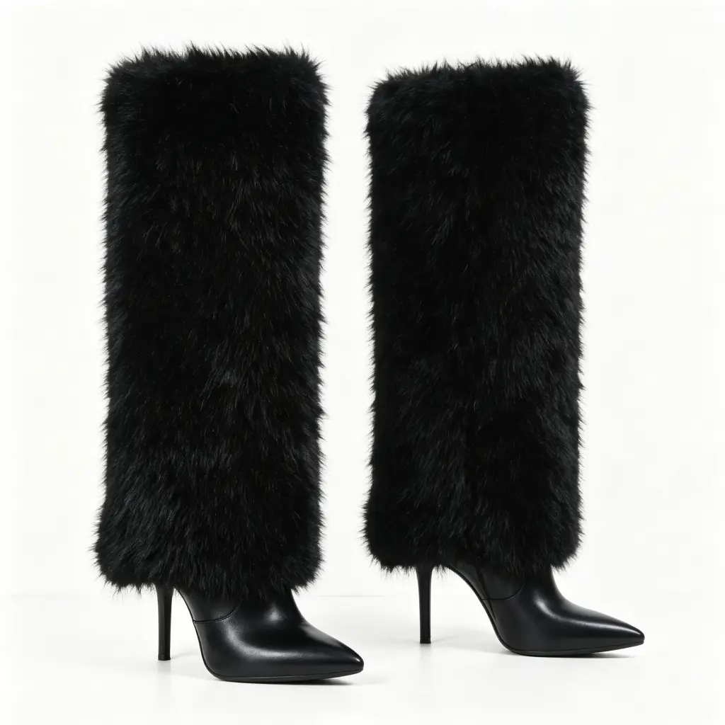AMINUGAL Women's fur Warm Fabric Shoes with a Thin Stiletto Heel for Party Footwear, Chic Party, Knee High, Warmth Boost, Casual, Plush Fabric