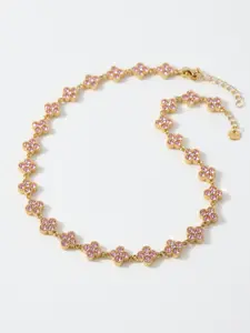 Gold Plated Four Leaf Clover Necklace for Women, Fortune Necklace - Pink Zircon Lucky Clover Pendant, Waterproof Stainless Steel, Gift Box Included