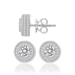 Round VVS Synthetic Moissanite Hip Hop Iced Out Halo Stud Earrings Synthetic Moissanite S925 Jewelry Perfect Birthday Anniversary Gift for Women Accessories Men Studearrings