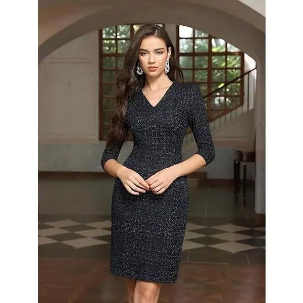 Women's Chic Plaid Tweed Sheath Dress - Notch V-Neck, 3/4 Sleeve, Knee-Length, Metallic Shimmer, Comfortable Elegant Office Cocktail Piece Black Blue