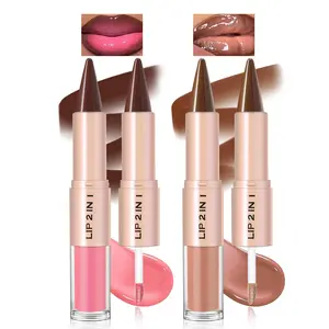 2pcs Lip Combo – 2 in 1 Dual-Ended Brown Lip Liner Lipstick & Gloss Kit,Cherry Earth Dew Juicy Lip Mirror Effect, Nude Peach Juicy Lip Mirror Effect, Velvet Matte Lip Liner Smooth Buildable Glass Quick Fuller Lip Plumping Set for Women