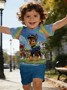 Rainbow Gradient Paw Patrol Chase Digital Print Baby Short Sleeve Set, Casual Kids' Clothing, T-Shirt Suitable for Daily and Outdoor Sports, 100% Polyester, Perfect Gift for Infants and Toddlers!
