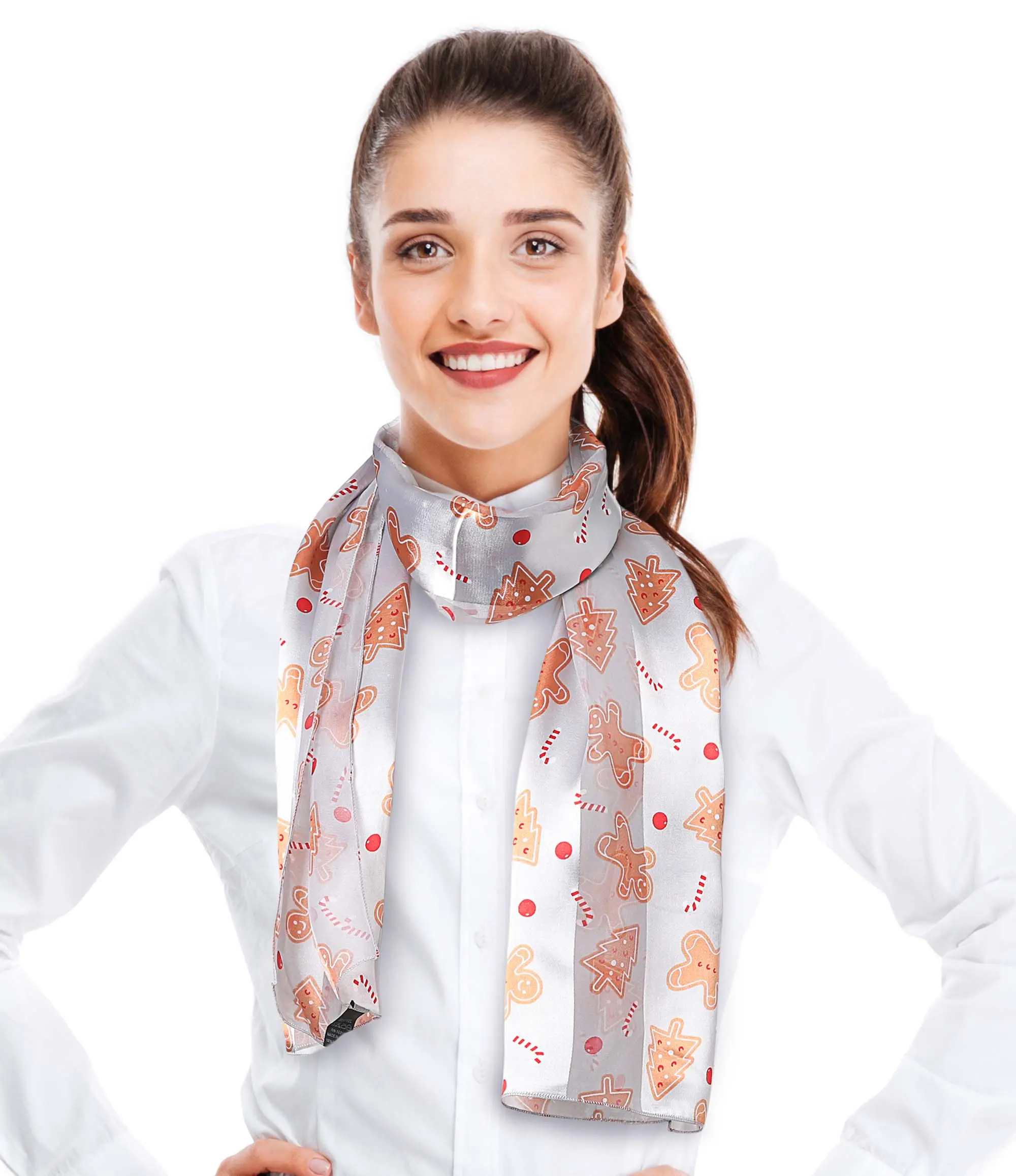 CBC Crown Women's Rectangular Basic Christmas Scarf - Female Polyester Holiday Accessory with Gingerbread Cookie Print, Silk-Feeling Silver, 13"x60", Comfortable, Lightweight, Hand Washable, for Casual Daily Wear