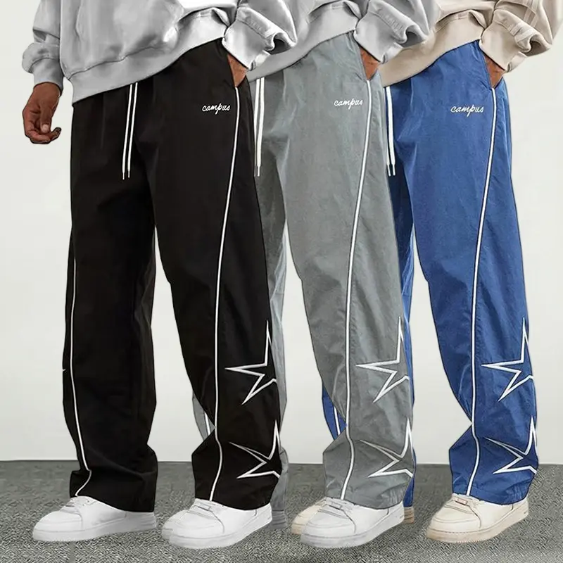 Street Chic Sweatpants with Star Embroidery & Vintage Stripe, Unisex Loose Wide Leg Trousers for Basketball & Loungewear, Vintage Stripe Look, Unisex Fit, Shareable Style, Basketball‑Ready