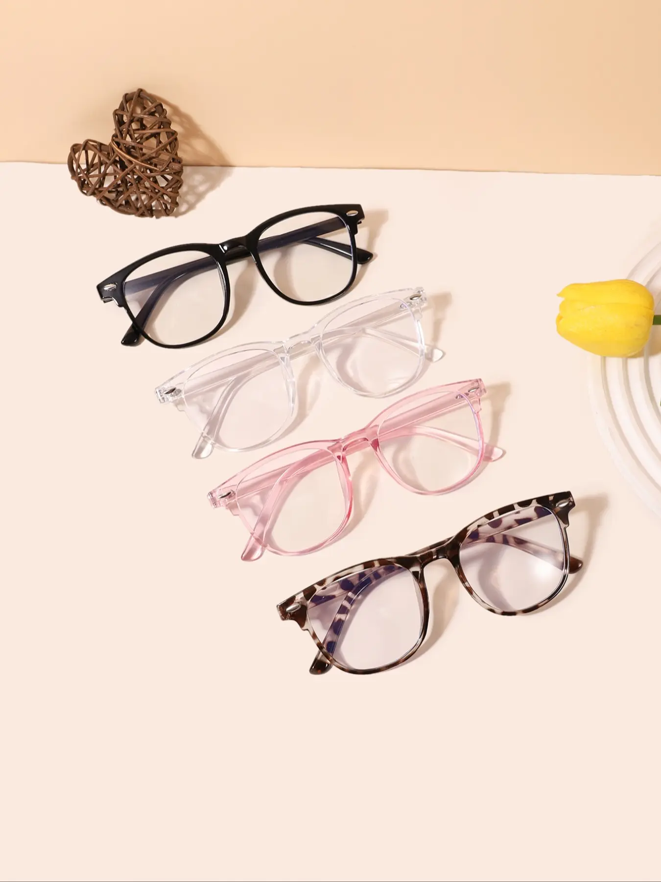 4 Pairs Kids Junior Rectangular Tortoiseshell Glasses, Lightweight Durable Casual Fashion Frames, Suitable for Daily Wear & School Use