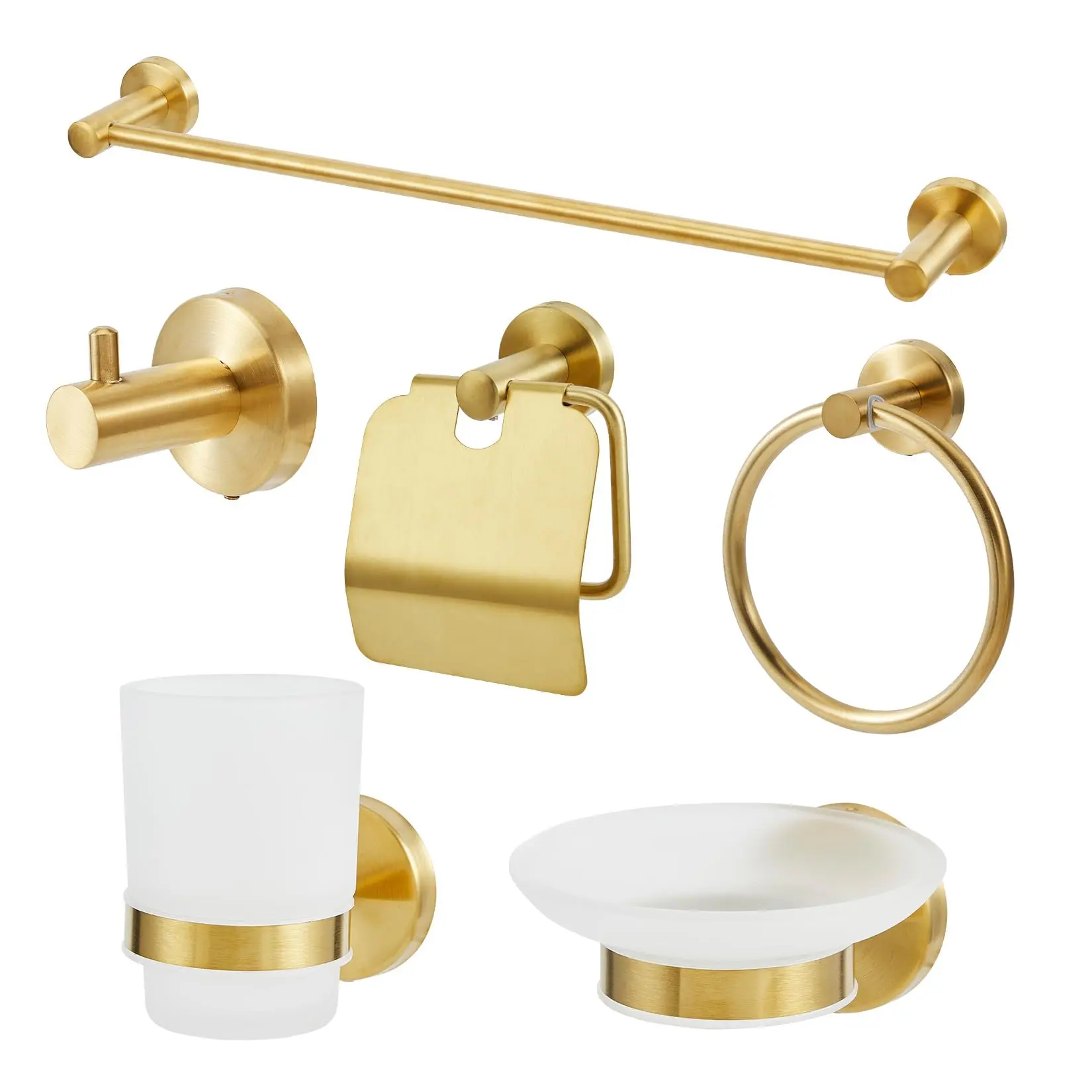 Modern 6-Piece Gold Stainless Steel Wall-Mounted Bathroom Decor Set with Installation - 22.64in Towel Bar, Towel Ring, Toilet Paper Holder, Robe Hook, Cup, Soap Dish Fixtures