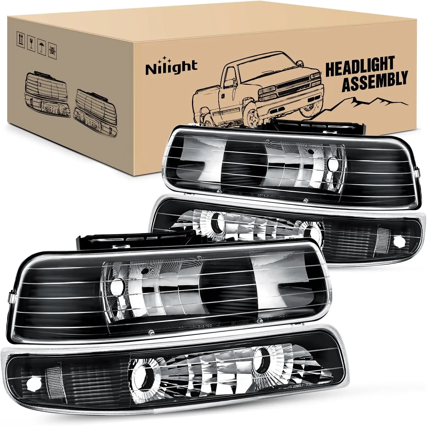 Nilight Headlight & Bumper Lights Assembly Set - OE Standard, IP65 Rated, Anti-Fogging, Adjustable Beam, UV Resistant, Plug-N-Play Replacement for 1999-2002 Chevy Silverado, Avalanche 1500/1500HD/2500/2500HD/3500, Tahoe, Suburban, 2000-2006 Chevy Suburban