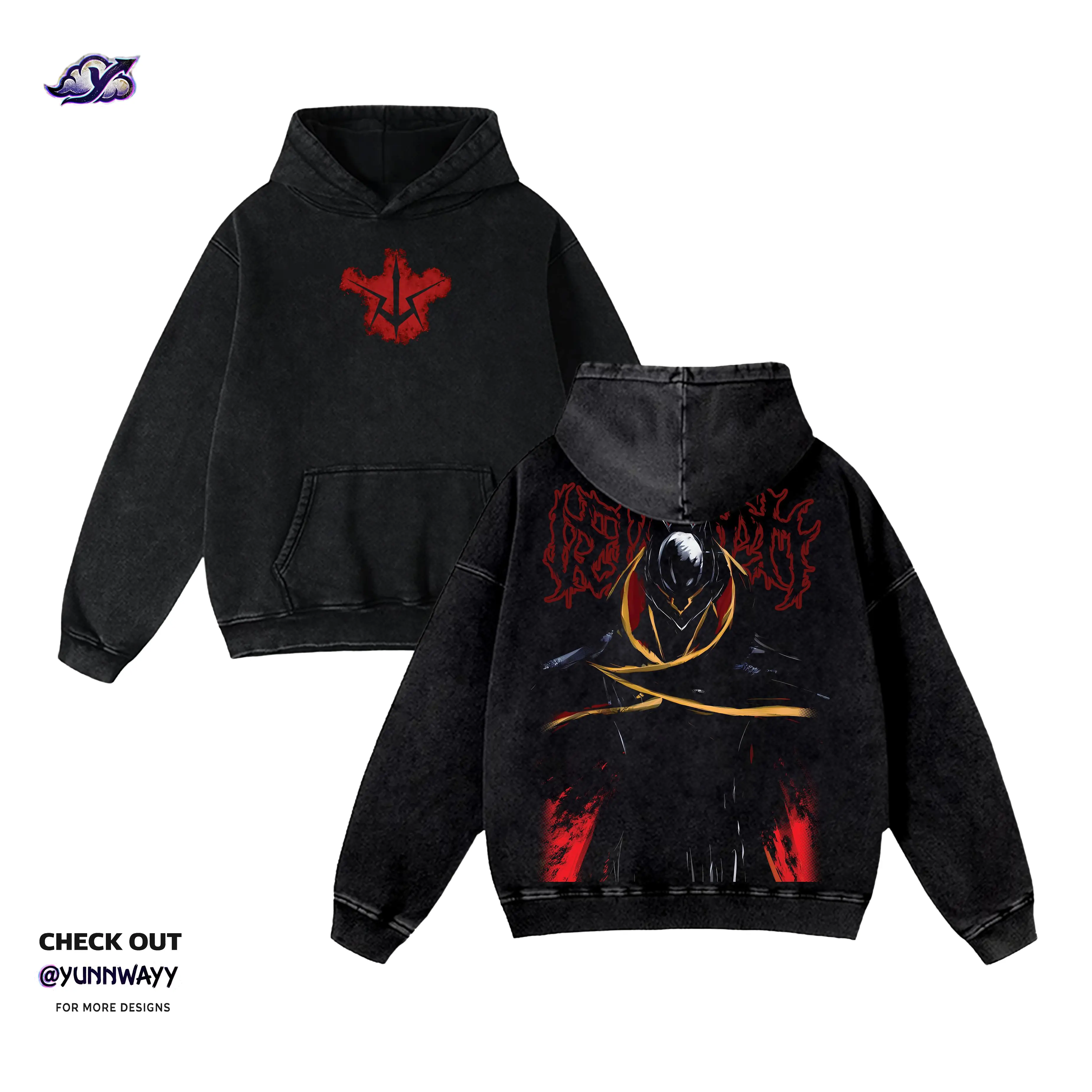 Vintage Anime Merch Graphic Hoodie T-Shirt Set - Code Geass: Lelouch of the Rebellion Black Loose-Fit Heavyweight Cotton Unisex Acid Wash Top, Anime Streetwear Gift Double-Printed