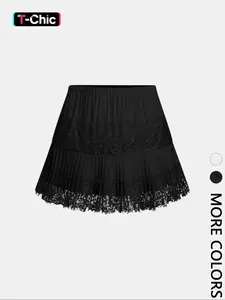 Women's Solid Color Lace Patchwork Pleated Short Skirt, Womenswear, Casual Skirt, Basic, Sweet, Elegant & Feminine Style, Leg-Lengthening Effect, A-line Silhouette