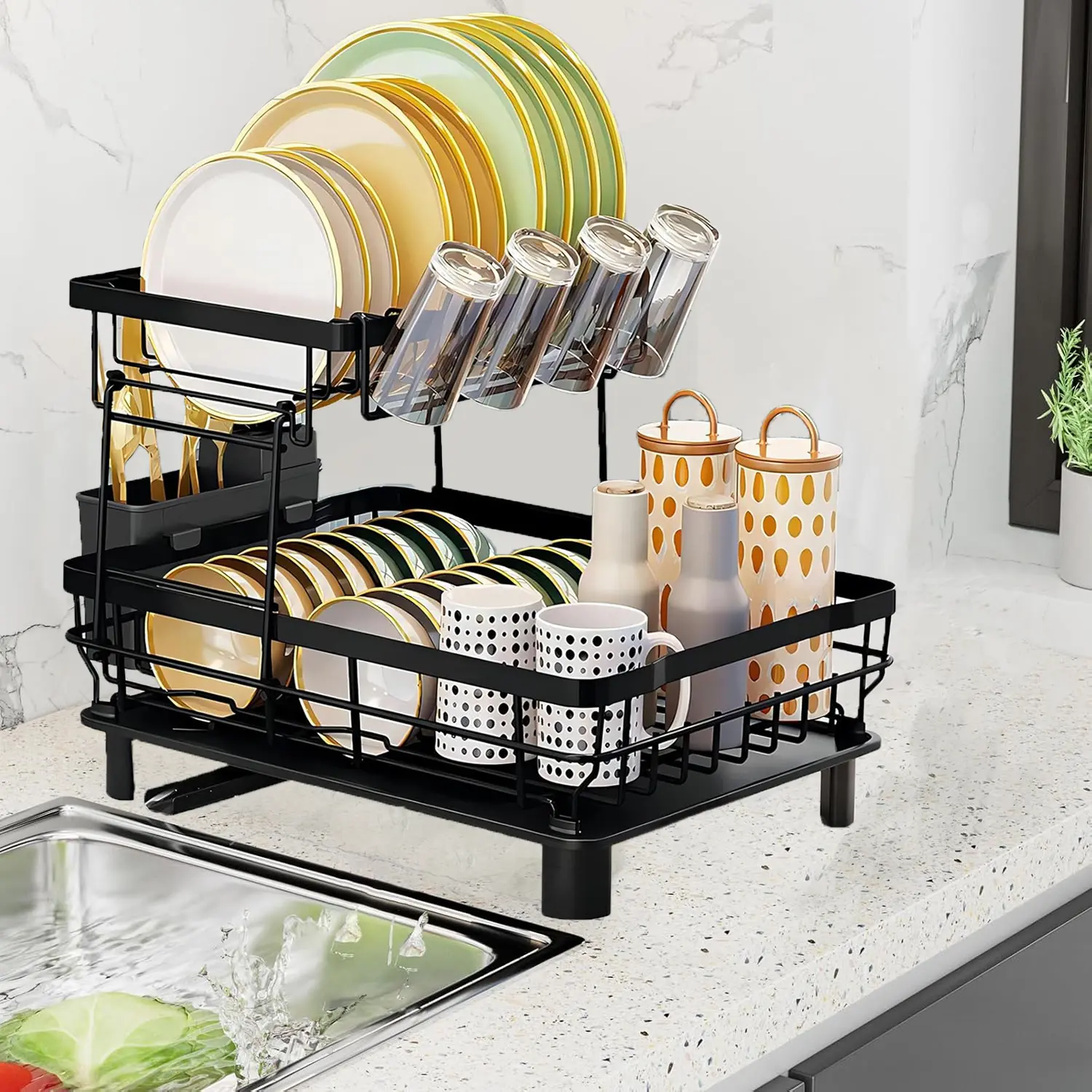 Kitchen 2-Tier Sturdy Compact Type Metal Coating Countertop Organizer - Space-Saving Adjustable Dish Drying Rack for Small Spaces, with Knife Stand, Utensil Holder, Cup Drip Tray, Effective Drainage Pipe
