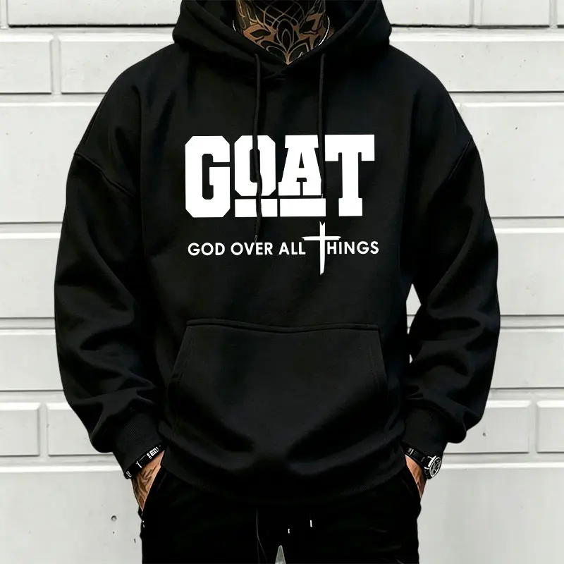 Men’s Stylish Black Hooded Sweatshirt (1 Piece) - Menswear Top, Goat-Inspired Letter Print, Plain Basics, Drop Shoulder Relaxed Fit, Drawstring Hood, Front Kangaroo Pocket, Soft Fabric, American Trend Long-Sleeve Pullover, Joggers Compatible