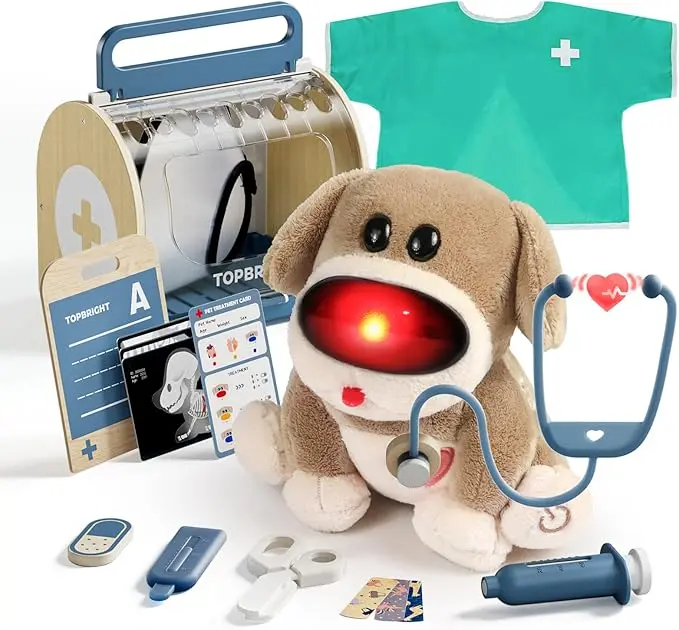 TOP BRIGHT Kid-Safe Nontoxic Toddler Doctor Kit (Ages 3-5) - Pretend Play Set with Wooden Medical Kit, Costume, Dog Vet Toys, Christmas Birthday Gifts for Kids, Kid-Safe Doctor Playsets