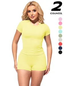 2PCSWomen's Solid Color Short Sleeve Tee & Shorts Set, Breathable Gym Yoga Running, Training Clothes, Comfortable Sportswear for Women