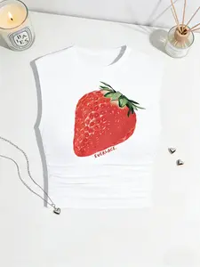 Sweet Girl Exclusive Strawberry Print Sleeveless Waist Cinching Vest, Slimming Fit Casual Short Top, Summer Streetwear Essential