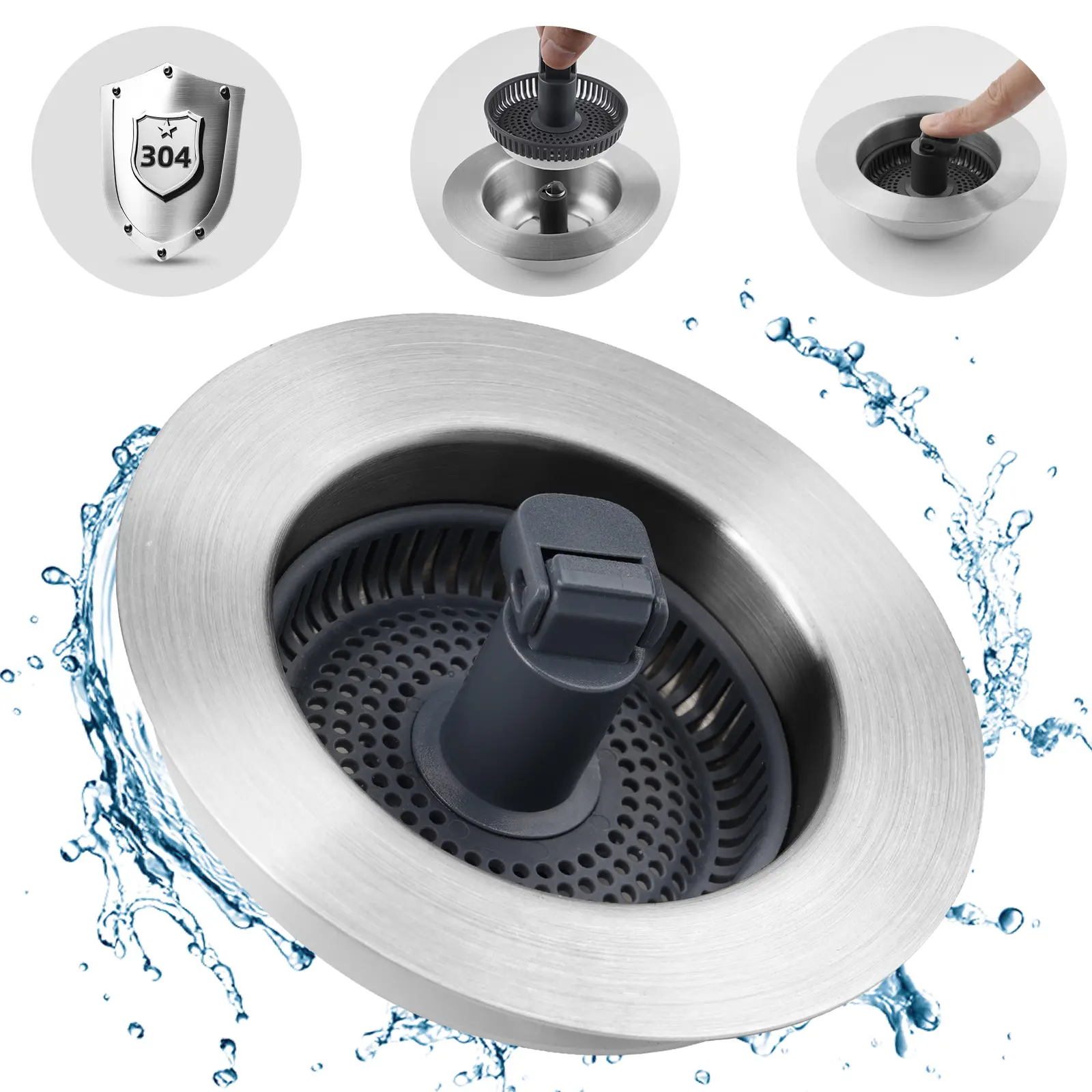 Stainless Steel 3-in-1 Durable Kitchen Sink Drain Strainer Stopper Kit - 1p-All Metal Drain + 1 Strainer, Clog-Free Food Catcher for 3-1/2 Inch Standard Kitchen Sinks, Father's Day Gift