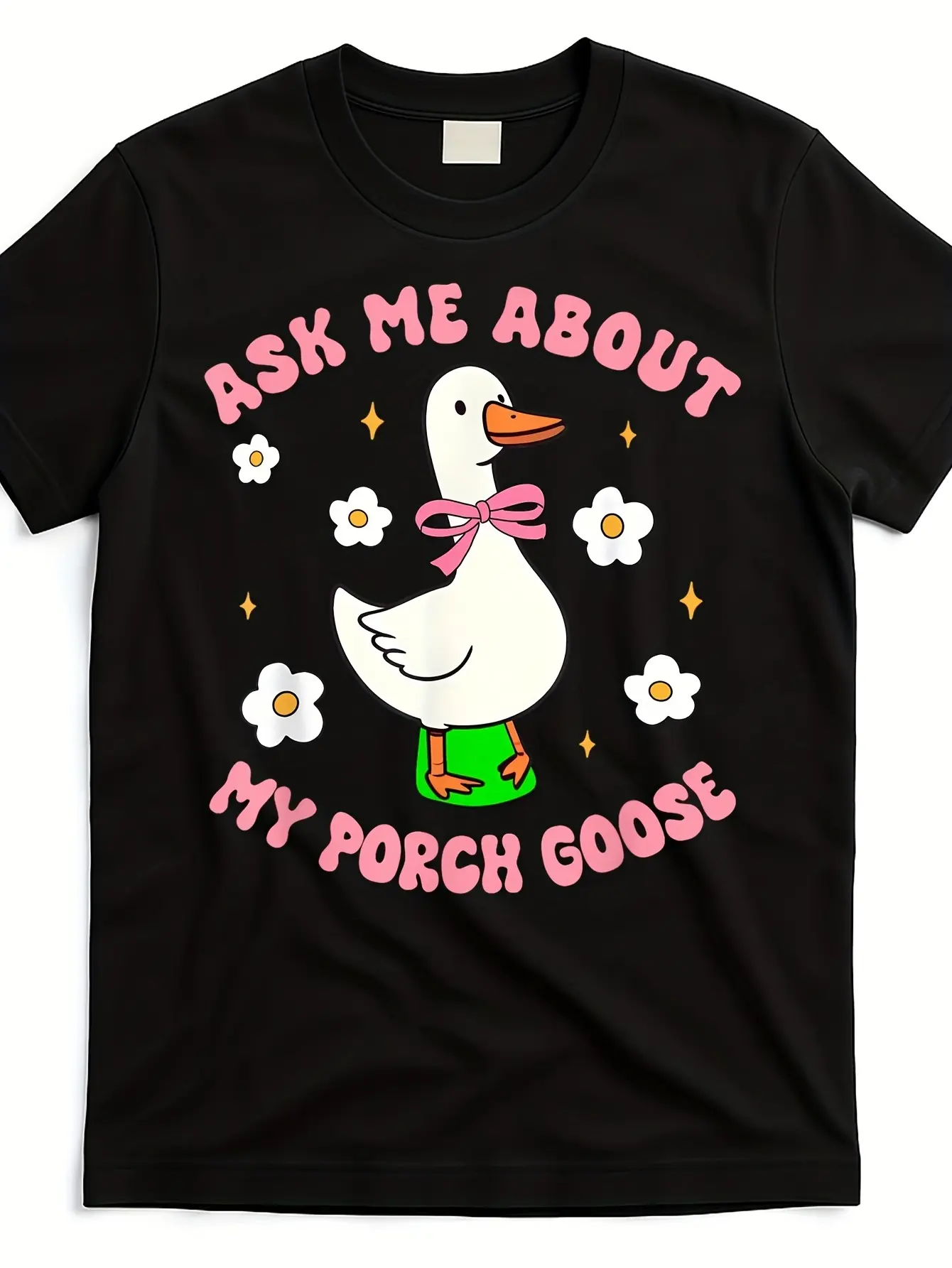 Funny Goose Lover T-Shirt - Ask Me About My Porch Goose Graphic with Cute Goose & Pink Lettering - 220gsm Heavyweight Pure Retro Unisex Tee for Men & Women - All-Season Casual Round Neck Short Sleeve Shirt for Goose Enthusiasts
