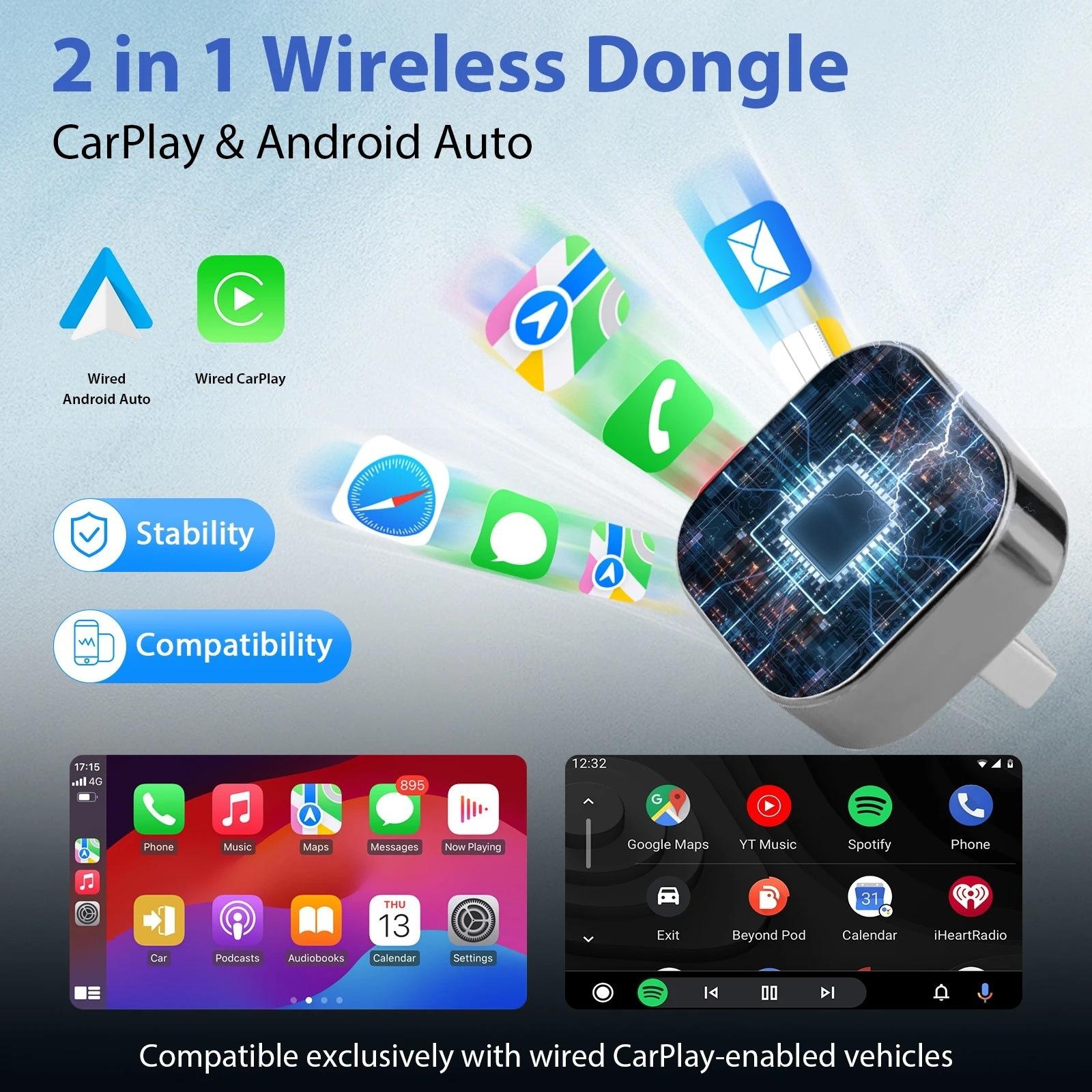 Version Wireless CarPlay Adapter for Portable In-Car Display, 2-in-1 Wireless CarPlay and Android Auto for Seamless Smart Navigation and Entertainment