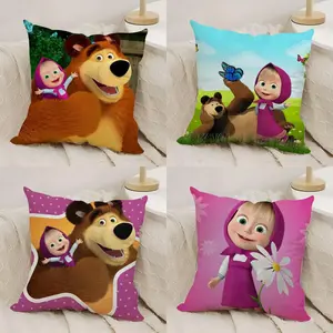 Cartoon M-Masha And The B-Bears Pillow Case Double-Sided Printed Soft Short Plush Sofa Cushion Covers | Polyester & Breathable, Invisible Zipper, Mite-Resistant, Durable | Ideal for Sofa, Bedroom, Car & Kids Gift