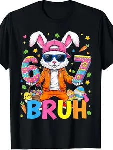 67 Bruh Easter Day Six Seven Rabbit Bunny Face Easter Eggs T-Shirt Comfortable Boys'and Girls' Cotton T-Shirts for Anytime Wear Size 120-160