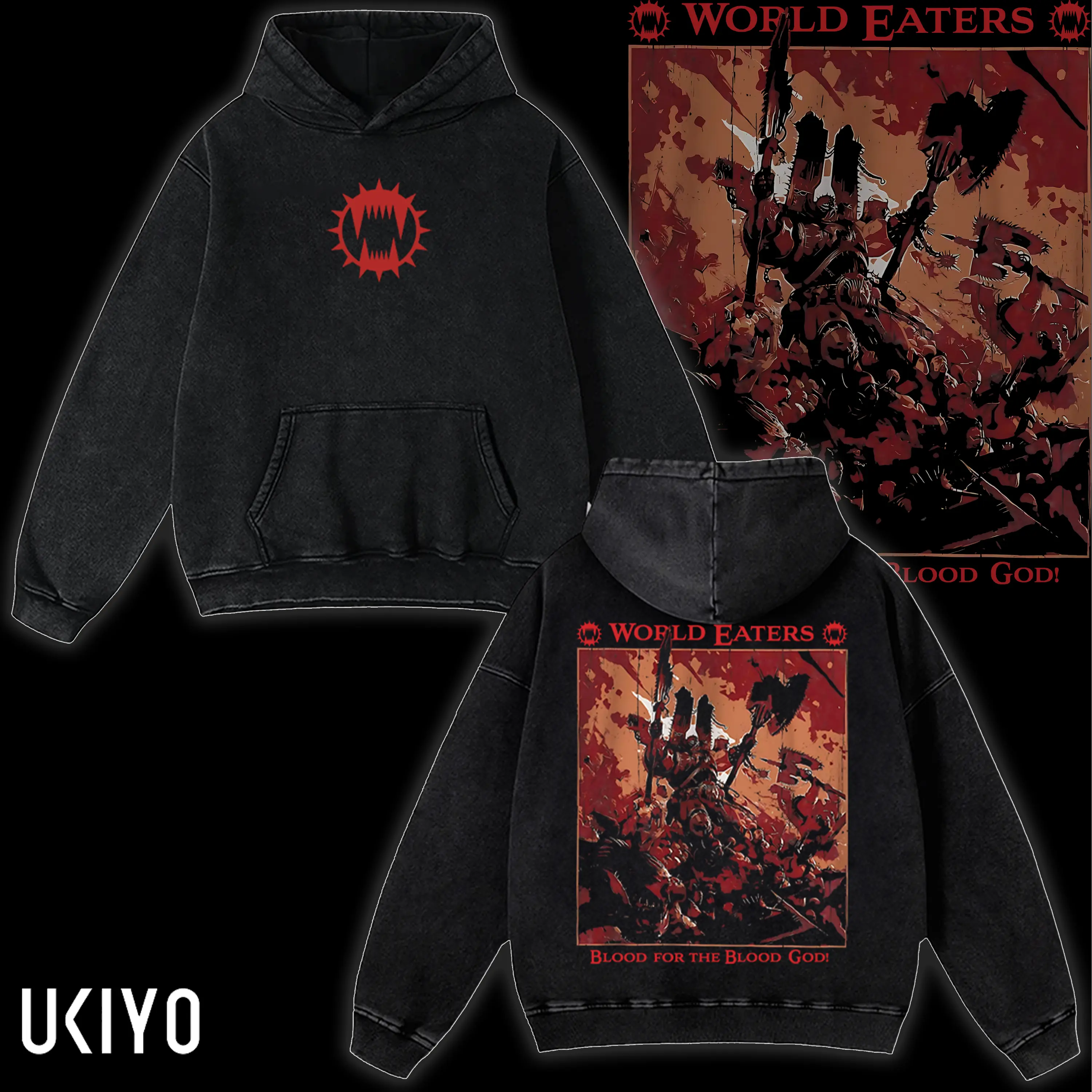 Warhammer 40k World Eaters Legion Game Oversize Washed Black T-Shirt, Hoodie 2 Sided Cotton unisex soft graphic tee game merch, warhammer gift ideas Casual Day Fit Womenswear