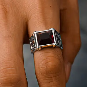 Men's Retro Elegant Square Red Synthetic Zircon Cross Pattern Stainless Steel Ring, Creative Simple Daily Casual Wear Fashion Costume Jewelry, Rings