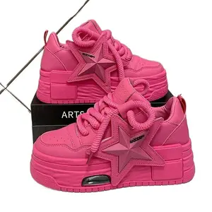 Autumn Leather Pink Women Platform Sneakers Thick Sole Chunky Shoes Ladies Slip On Lace-up Fashion Casual Outdoors Walking Shoes