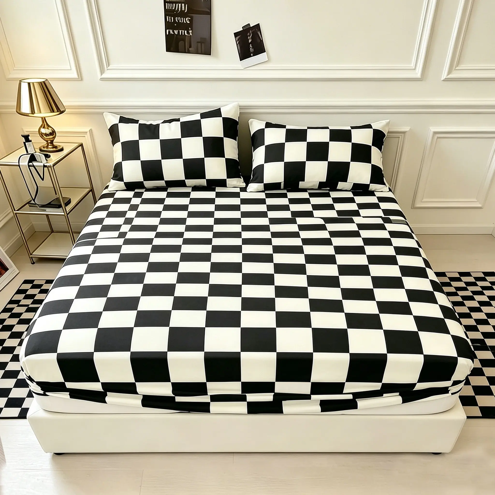 3-Piece Classic Modern Minimalist Black & White Checkered Geometric Fitted Sheet Set, 1 Fitted Sheet + 2 Pillowcases, Cover Only, Soft Fabric, Polyester Bed Set, Decor for Men's Bedroom, Ideal Gift, Soft Bedding Sets, Bed Sheets