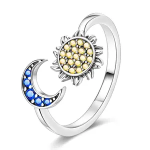 MULA Sun and Moon Open Ring, S925 Silver-plated Celestial Adjustable Ring with Blue and Yellow Zircon - Ideal Gift for Girls and Women on Birthdays, Christmas, Valentine's Day