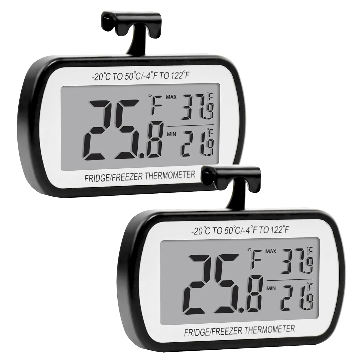 2-Pack Digital Kitchen Refrigerator Thermometer, Waterproof Freezer Thermometer with Large LCD Display, Max/Min Record Function - Black