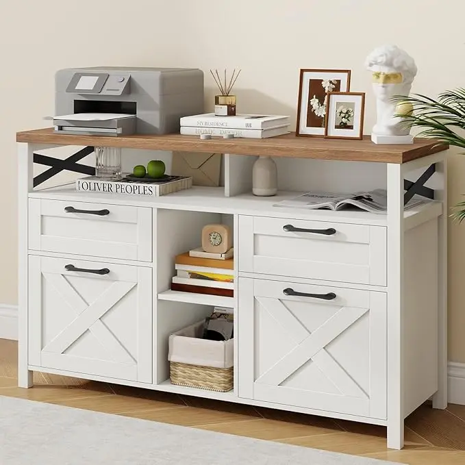 [tiktokshopbacktoschool] Vabches Farmhouse Filing Cabinet with Adjustable Shelf for Home Office, Lateral File Cabinets 4 Drawer with Open Storage Shelf, Filing Organization Storage Cabinets for Hanging Files Letter/Legal/F4/A4