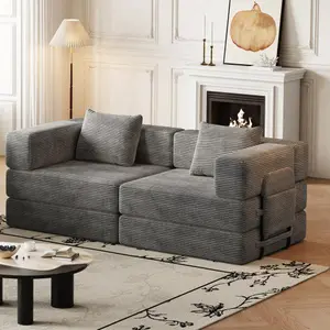 72-inch Sectional Sleeper Sofa, Modular Futon Folding Loveseat Floor Sofa Bed, Convertible Comfortable Corduroy Memory Foam Couch Bed with Side Pockets for Guest Room, Bedroom, Living Room, Gray