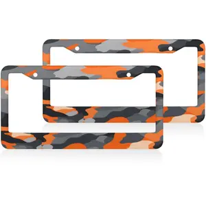 Orange Camo Pattern License Plate Frame Universal Automotive Accessories Cars Decor with 2 Holes and Screws Fits Us Standard License Plates 12.2x6.3 Inch Set of 2 pieces