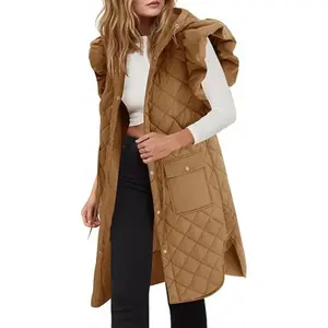 Womens Long Puffer Vests Fashion Ruffle Sleeve Quilted Gilet Coats Winter Hooded Down Jacket Vest