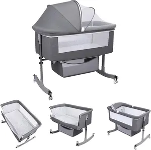 Bedside Bassinet Baby Crib with Large Curvature Cradle, Height Adjustable, Movable with Mosquito Net & Wheels, Load-Bearing 22.04 lbs, 3-in-1 Design for Safe & Comfortable Sleep