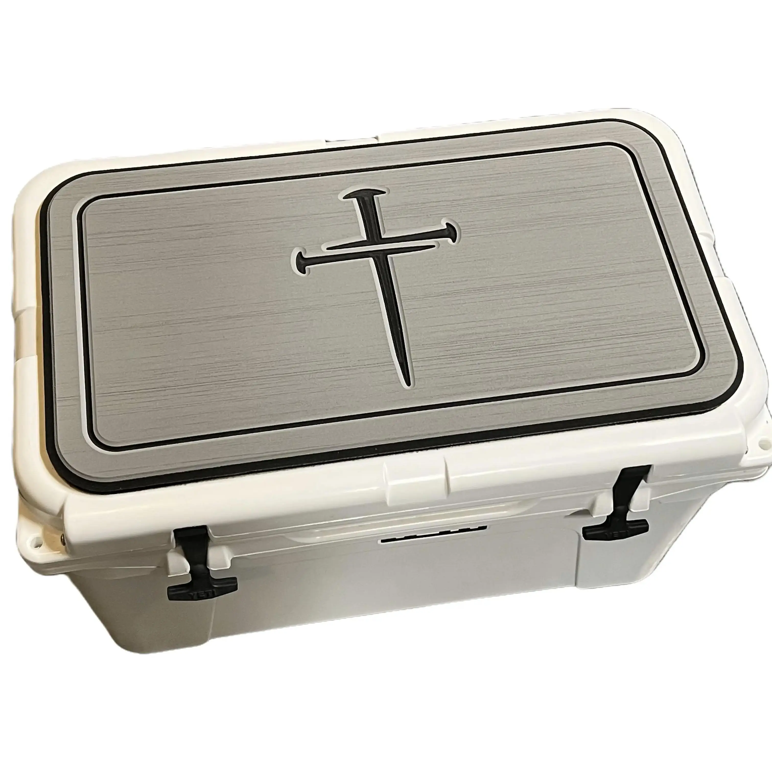 YETI Cooler Pad with 3 Nails Cross Logo - Fits Tundra, Roadie, Haul, Wheeled Lids - Tan/Black Mat - 3M Adhesive - Easy Peel & Stick - Camping Gear, Camping Equipment