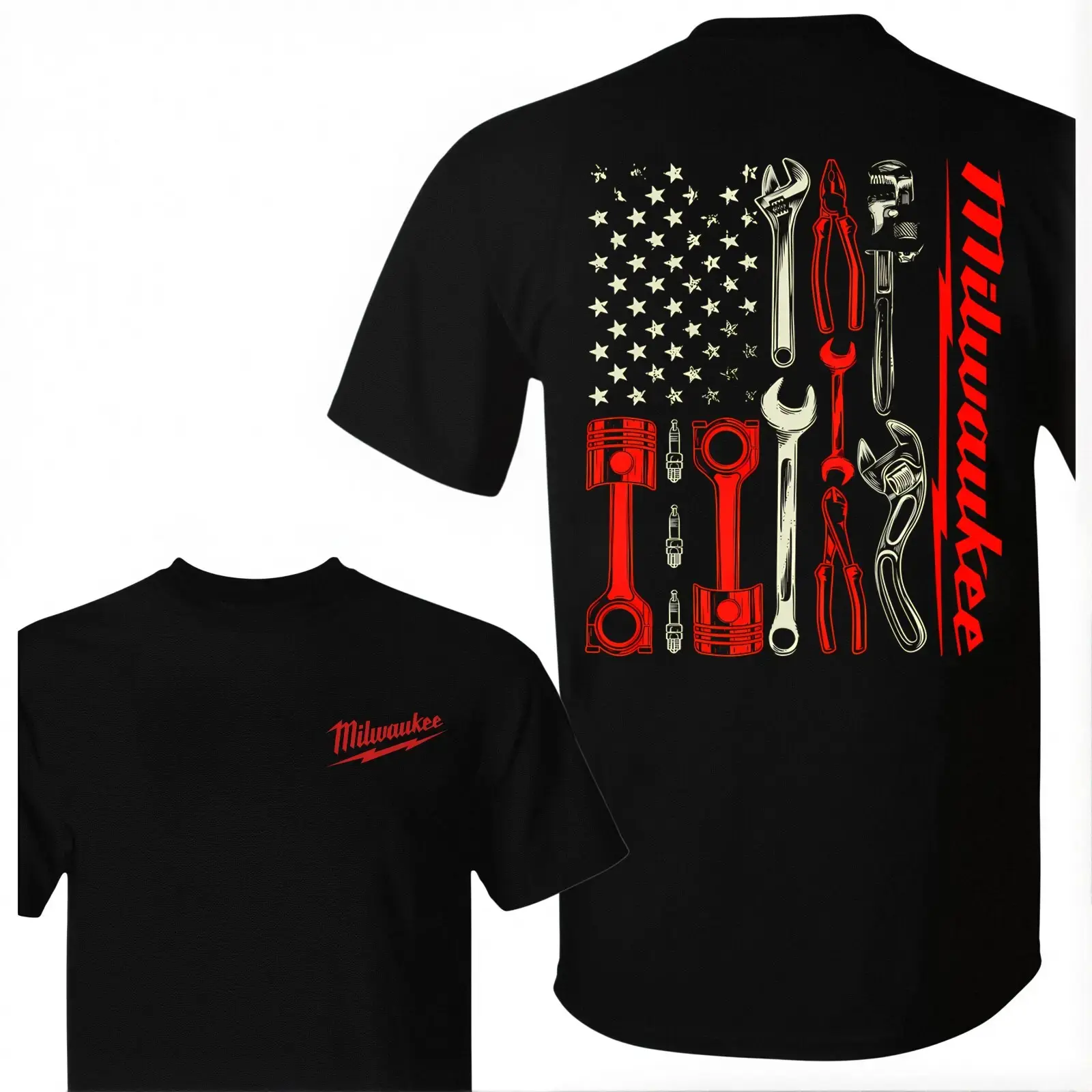 Mechanic Graphic T-Shirt, American Flag Tool Print Short Sleeve Tee