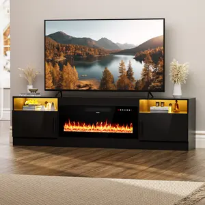 [2 Packs Shipped] AHB 80" Modern Gloss Fireplace TV Stand with 36" Electric Fireplace, LED Light Strips & High Gloss Door, Fits TVs Up to 90 in, Living Room Entertainment Center & Decor, Living Room Decor summergarden