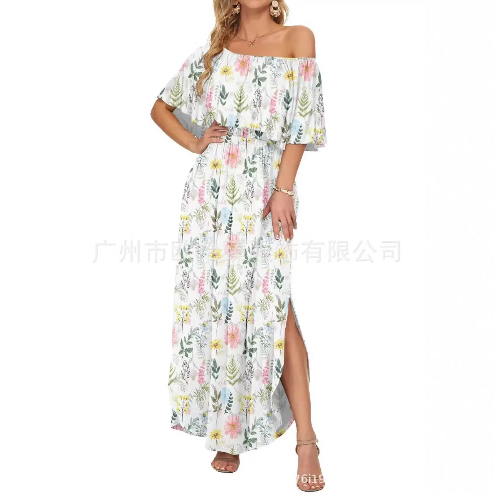 Lady's Floral Printed Long Dress, Elegant Bohemian Off-Shoulder Style with Short Sleeves for Summer Holiday Wear, Going Out, Ready To Wear, One-Word Shoulder Design