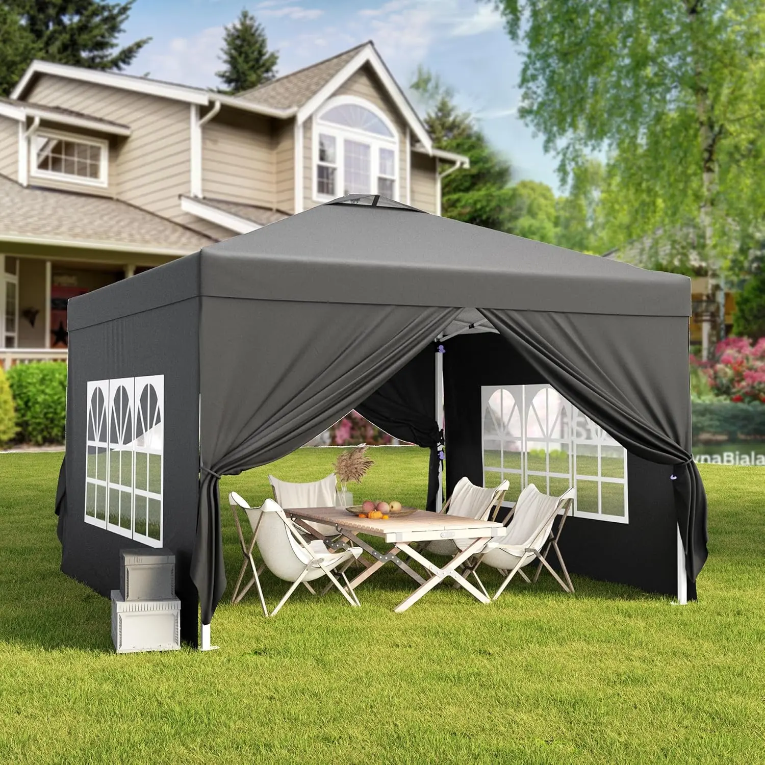 Gizoon 10x10 Square Iron-Aluminium Sturdy Pop-Up Canopy Tent, Removable Walls, 3-Height Adjustable Easy-Assembly Gazebo with UV Water Protection for Camping, Backyard Barbecues (Black, Beach Cabana Compatible)
