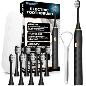 Electric toothbrush, 4 modes, Ipx8 waterproof, 8 brush heads and tongue scraper, USB charging, smart timer, portable travel case, ultrasonic 42000 VPM motor, USB fast power supply, automatic cleaning, smart timer, 60 days of use on a single charge